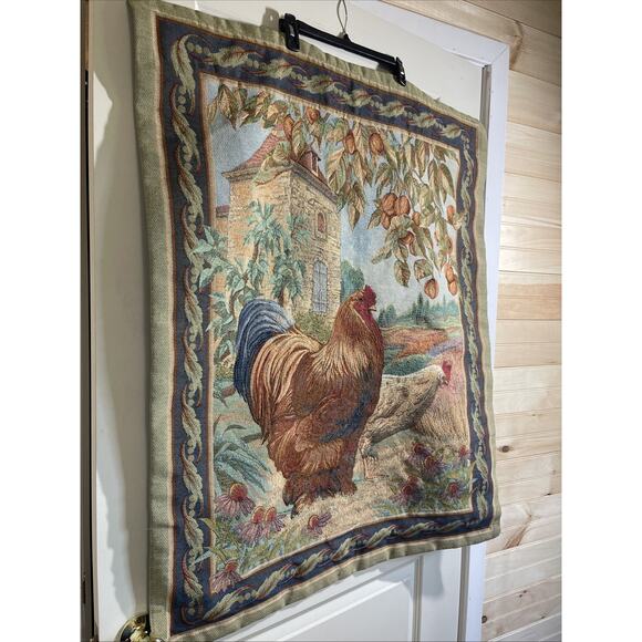 Tapestry w/ Fancy Rod Roosters & Hen French Country Wall Hanging Farmhouse - Picture 2 of 3